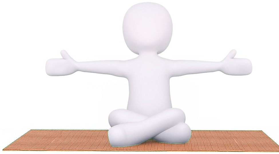 A smiling white figure sitting cross-legged on an orange mat with open arms