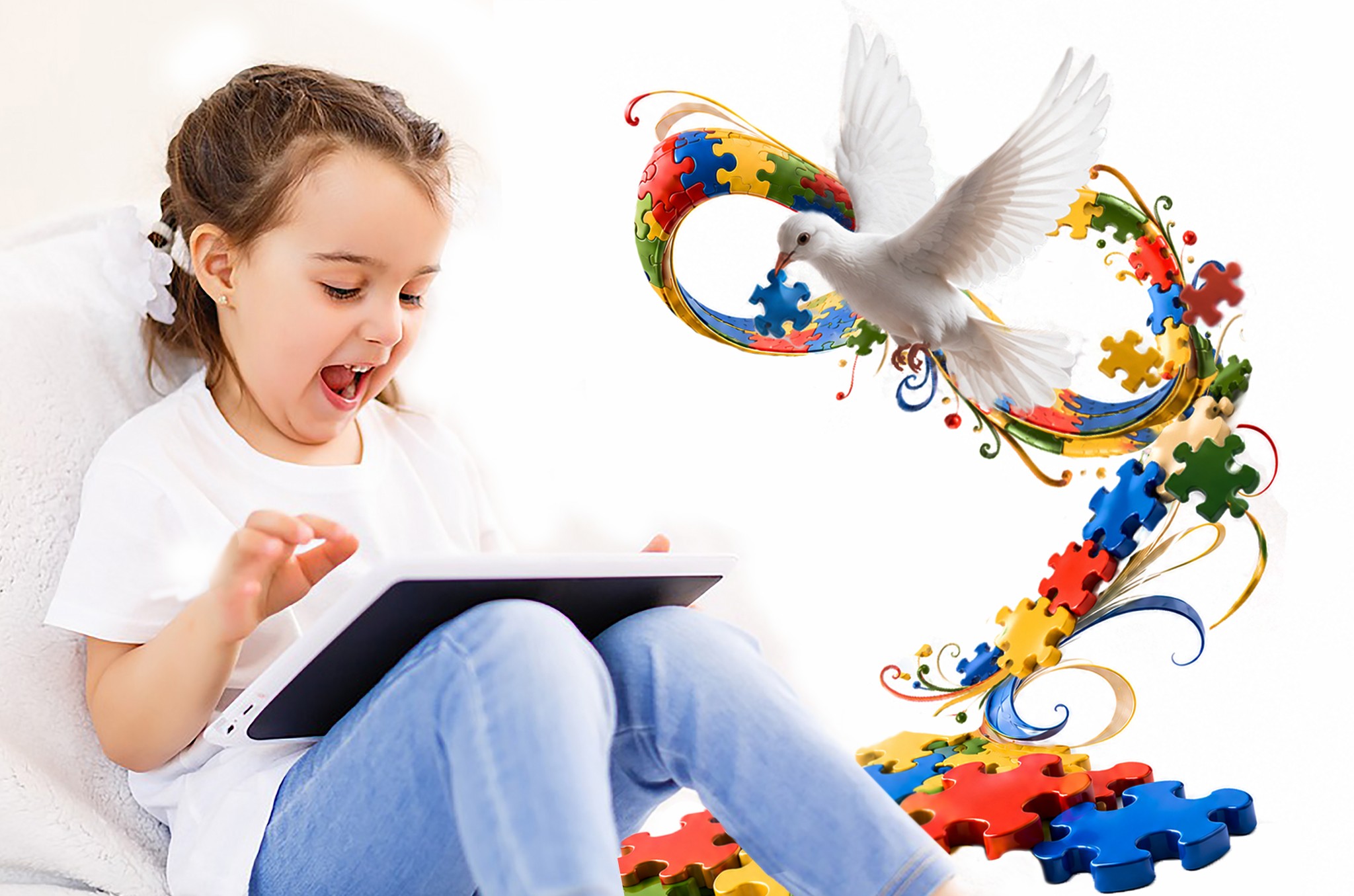 A little girl laughing as she plays on a tablet, beside a white dove carrying a puzzle piece above a ribbon of colorful puzzle pieces