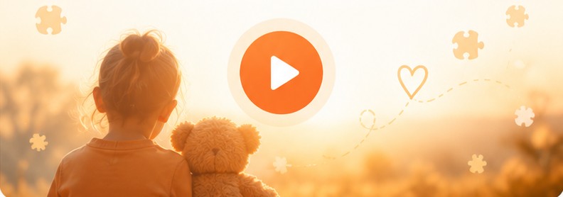 A little girl sitting with her teddy bear, looking at the sunset