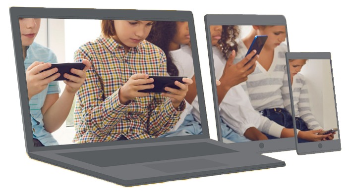 Children watching A+ Autism lessons on a laptop, a tablet and a phone